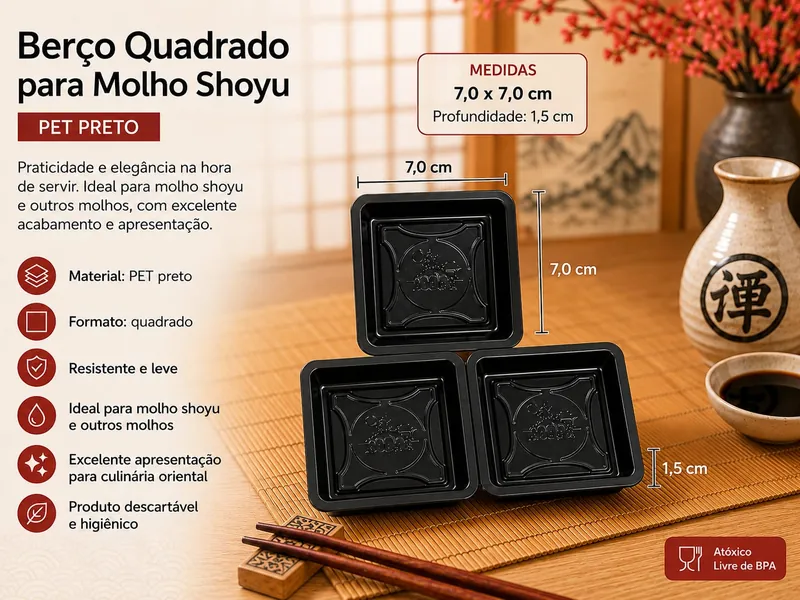 Arte de divulgação da AG Embalar: três berços quadrados de PET preto para molho, empilhados em pirâmide sobre esteira de bambu, com hashis e uma tigela de shoyu ao lado. O texto traz as medidas 7,0 × 7,0 cm e 1,5 cm de profundidade.