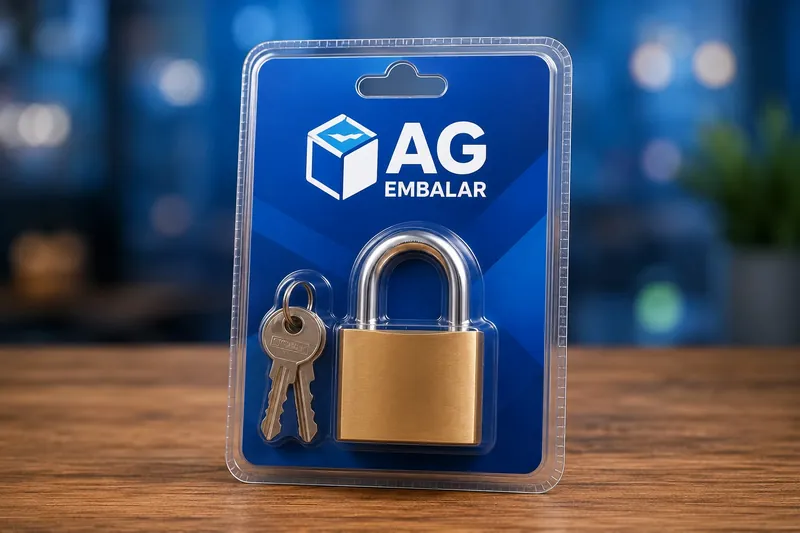 Arte de divulgação da AG Embalar: blister de cartela transparente com furo de gancho, cartão de fundo azul com a marca AG Embalar, lacrando um cadeado de latão e duas chaves, apoiado sobre uma mesa de madeira.
