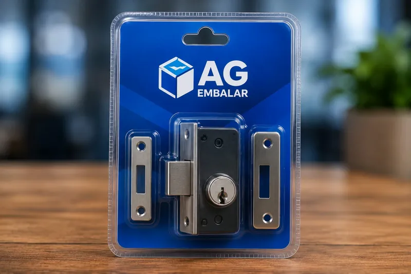 Arte de divulgação da AG Embalar: blister de cartela transparente com furo de gancho, cartão de fundo azul com a marca AG Embalar, lacrando uma fechadura com duas testeiras metálicas, apoiado sobre uma mesa de madeira.