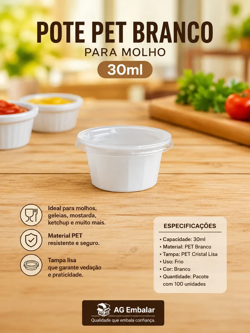 Arte de divulgação da AG Embalar: pote branco de PET de 30 mL fechado com tampa transparente, sobre bancada de madeira, com ramequins de ketchup e mostarda ao fundo. O texto lista capacidade de 30 mL, material PET branco e tampa PET cristal lisa.