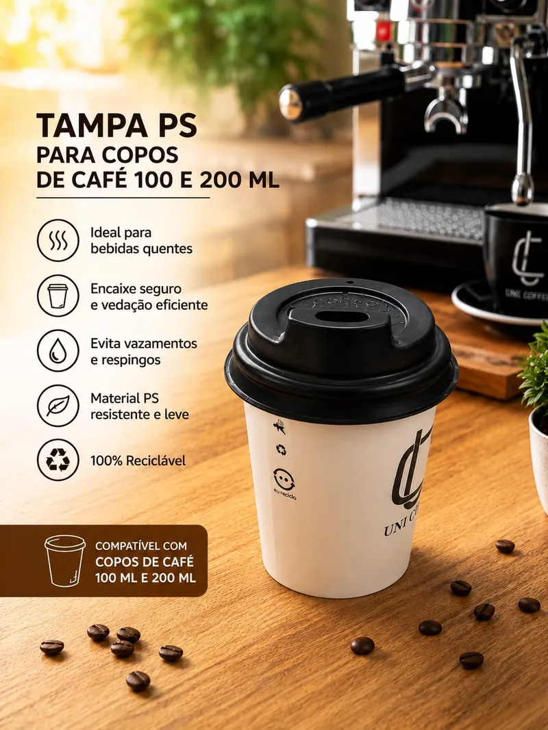 Arte de divulgação da AG Embalar: copo de papel branco fechado com tampa preta de PS com bico, sobre balcão de cafeteria com grãos de café espalhados e uma máquina de espresso ao fundo. O texto anuncia compatibilidade com copos de 100 e 200 mL.