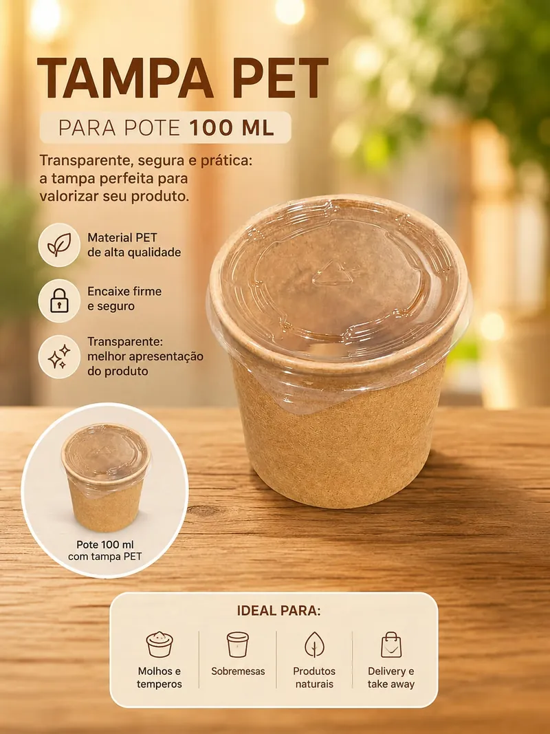 Arte de divulgação da AG Embalar: pote de papel kraft de 100 mL fechado com tampa PET transparente, sobre tábua de madeira, com um detalhe menor do mesmo conjunto ao lado. O texto indica uso para molhos, sobremesas, produtos naturais e delivery.