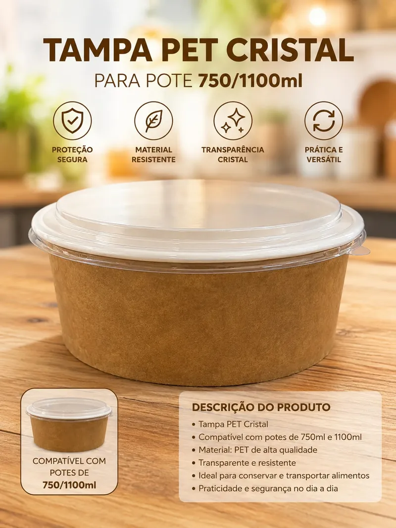 Arte de divulgação da AG Embalar: pote de papel kraft largo, de 750 a 1100 mL, fechado com tampa PET cristal, sobre bancada de madeira. O texto lista material PET, transparência e compatibilidade com potes de 750 e 1100 mL.