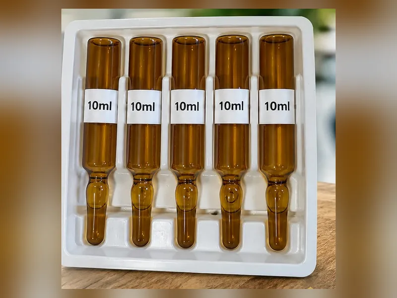 Berço branco de PS com cinco ampolas âmbar de 10 mL encaixadas nas cavidades, visto de cima